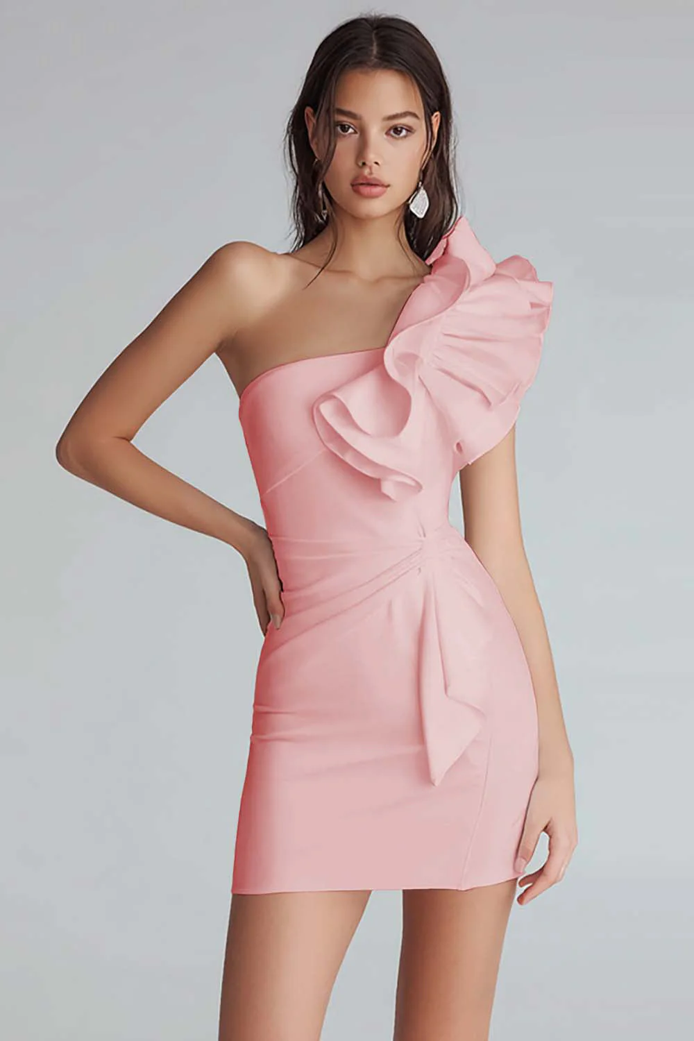 Ruched One Shoulder Bodycon Satin Little White Dress - Image 13