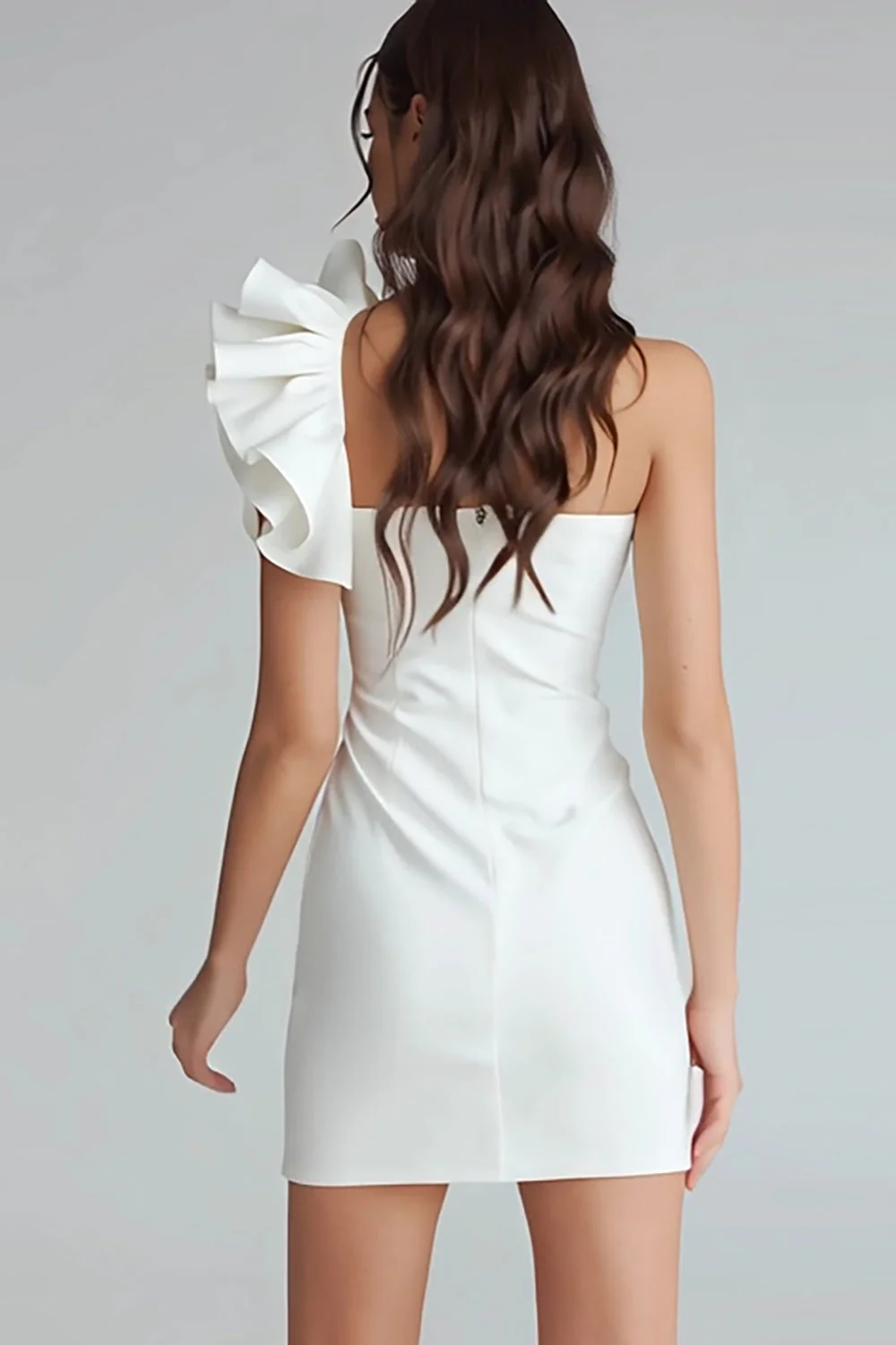 Ruched One Shoulder Bodycon Satin Little White Dress - Image 2