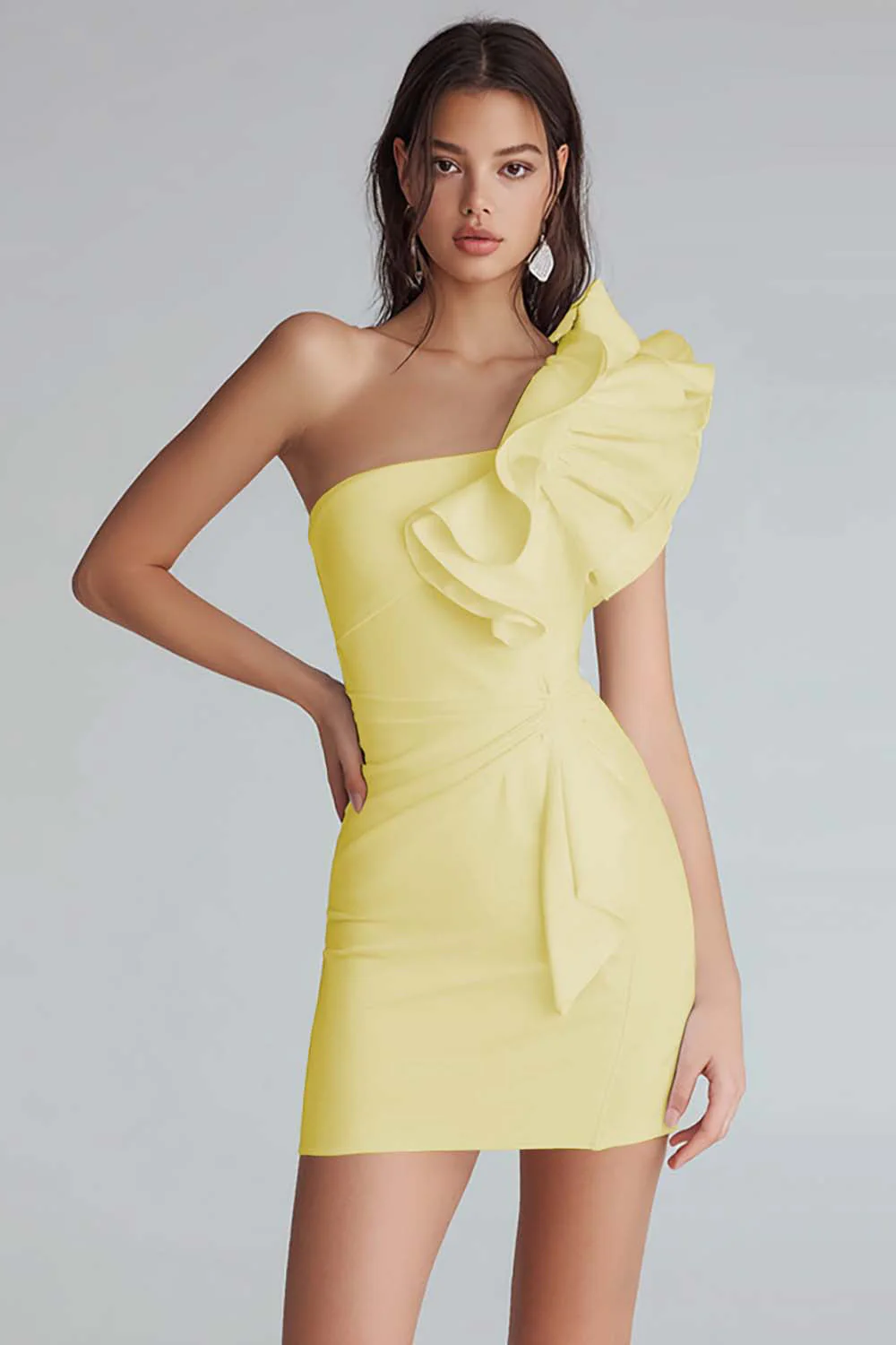 Ruched One Shoulder Bodycon Satin Little White Dress - Image 5