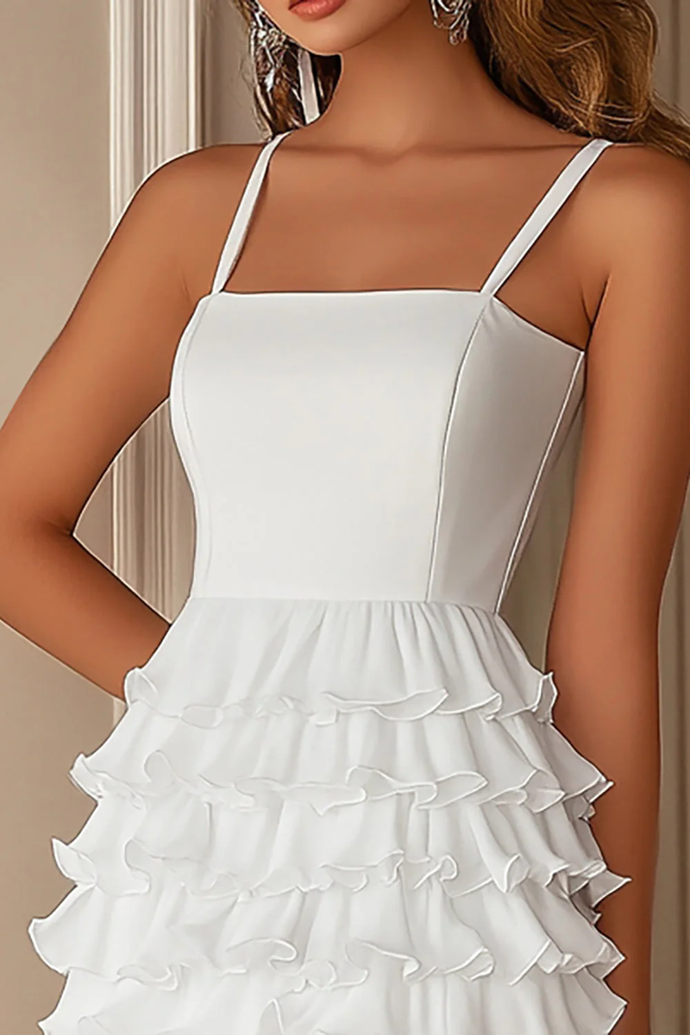 Ruffled Chiffon Spaghetti Straps Tiered Little White Dress - Image 2