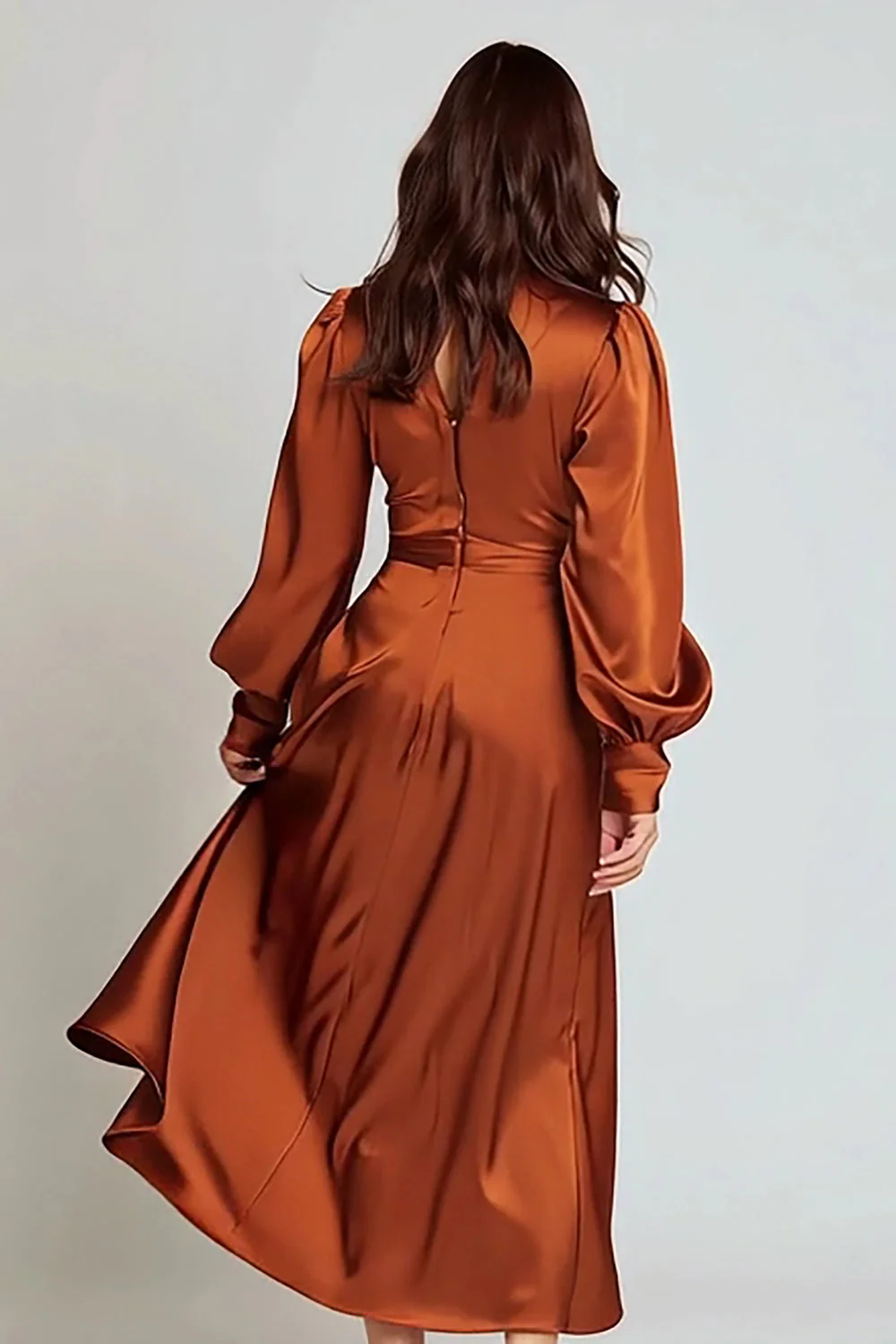 Rust Satin A Line V-Neck Midi Formal Dress - Image 2