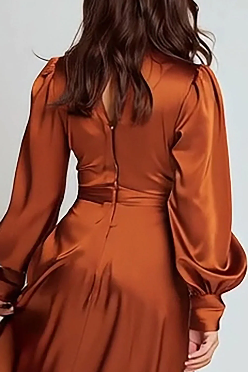 Rust Satin A Line V-Neck Midi Formal Dress - Image 4