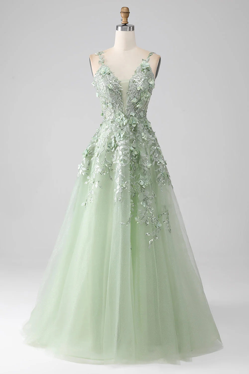 Sage A-Line Detachable Sleeves Long Corset Prom Dress with Flowers - Image 3