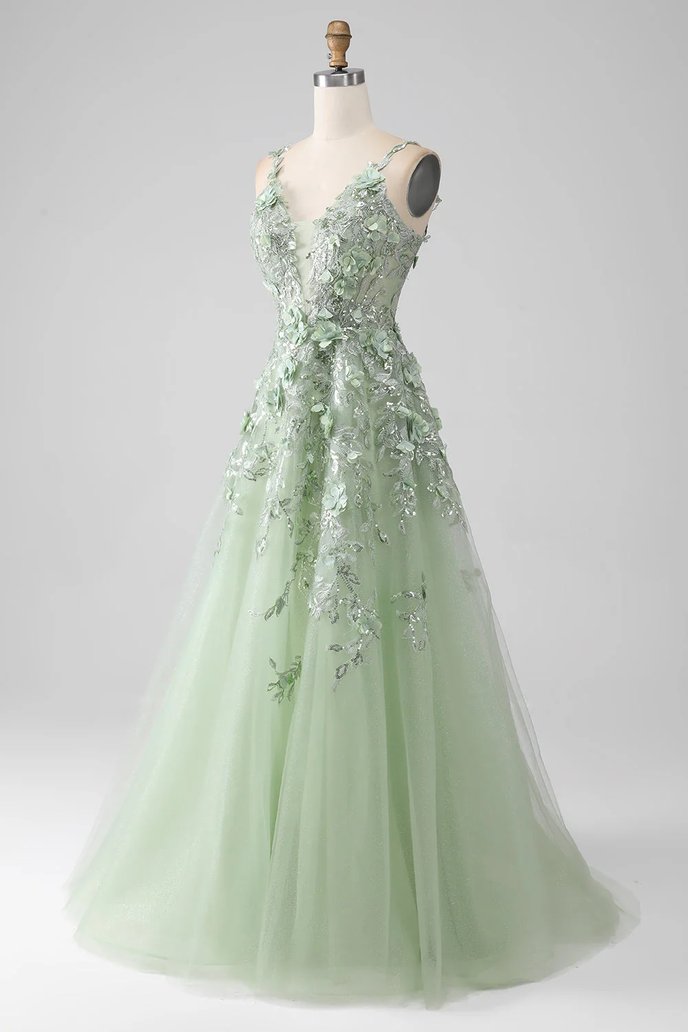 Sage A-Line Detachable Sleeves Long Corset Prom Dress with Flowers - Image 4