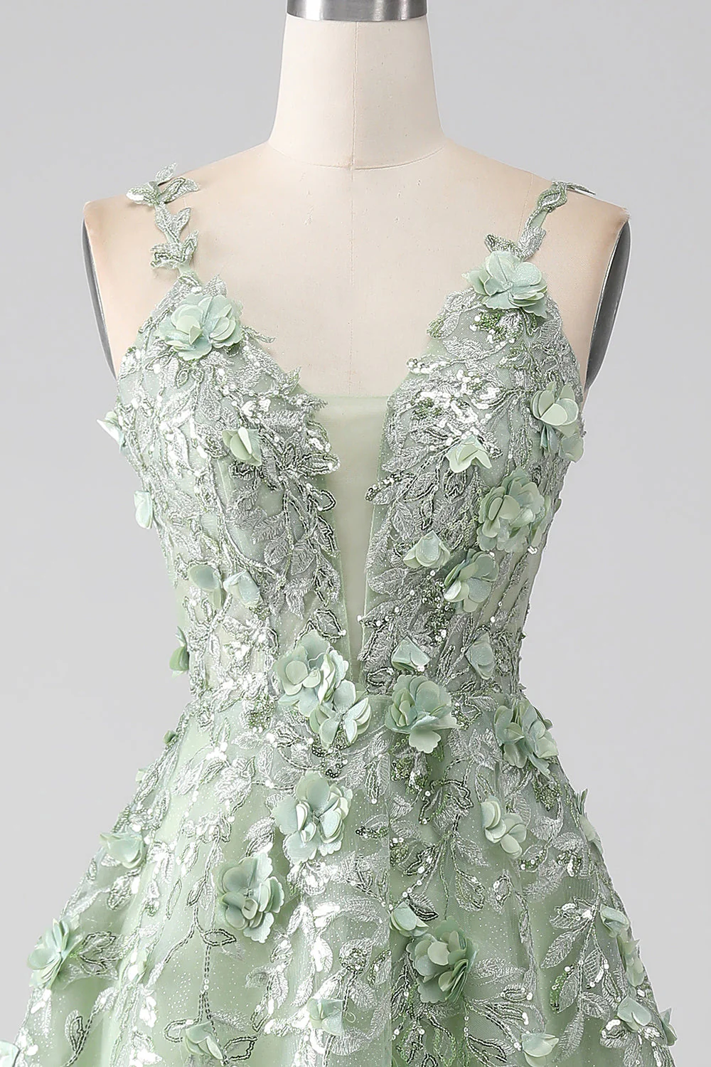 Sage A-Line Detachable Sleeves Long Corset Prom Dress with Flowers - Image 5