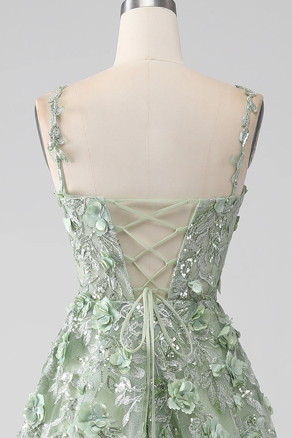 Sage A-Line Detachable Sleeves Long Corset Prom Dress with Flowers - Image 6