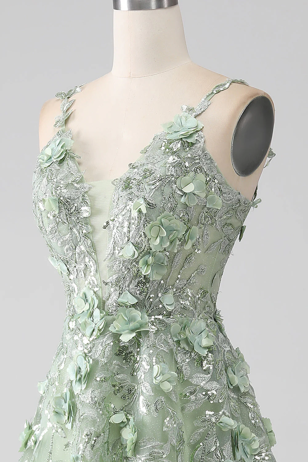 Sage A-Line Detachable Sleeves Long Corset Prom Dress with Flowers - Image 7