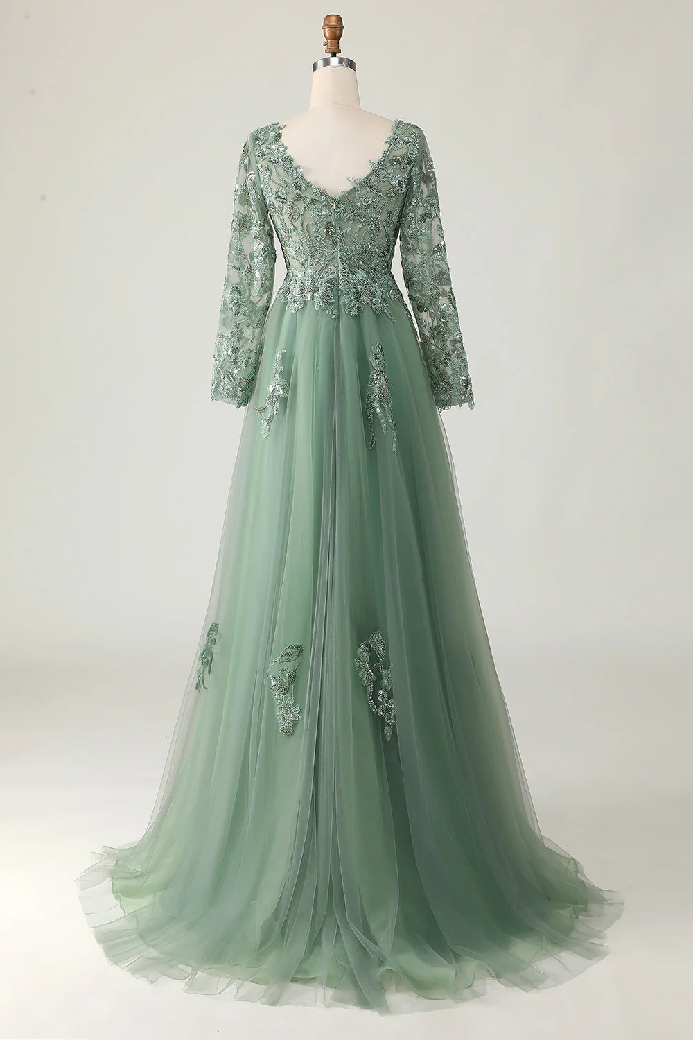 Sage A-Line Long Sleeves Prom Dress with Appliques - Image 2