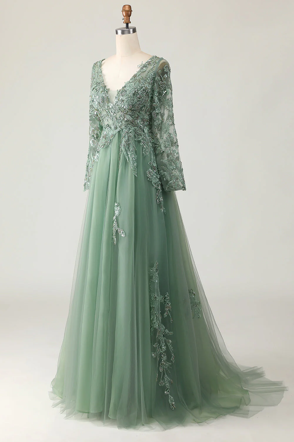 Sage A-Line Long Sleeves Prom Dress with Appliques - Image 3