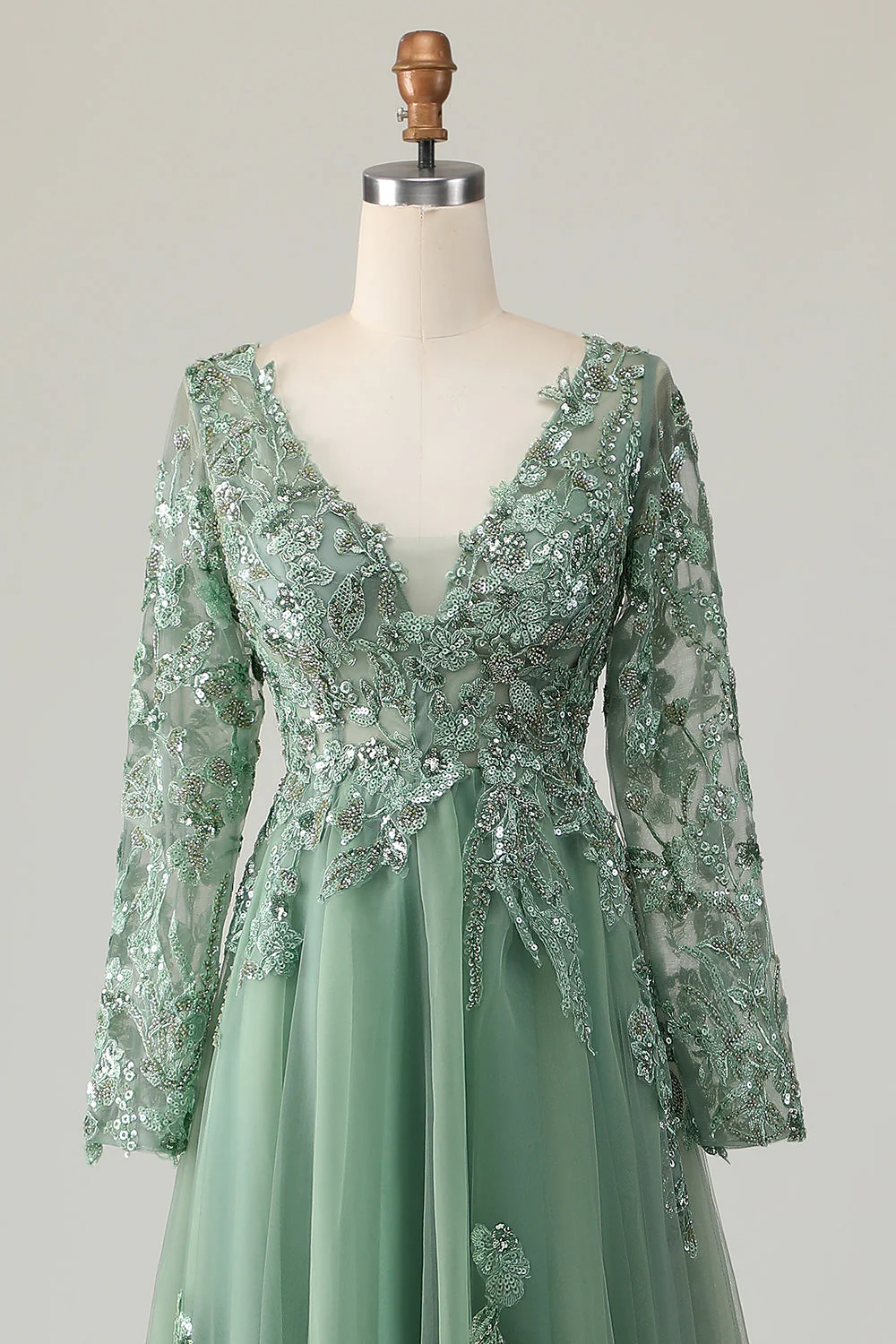 Sage A-Line Long Sleeves Prom Dress with Appliques - Image 4