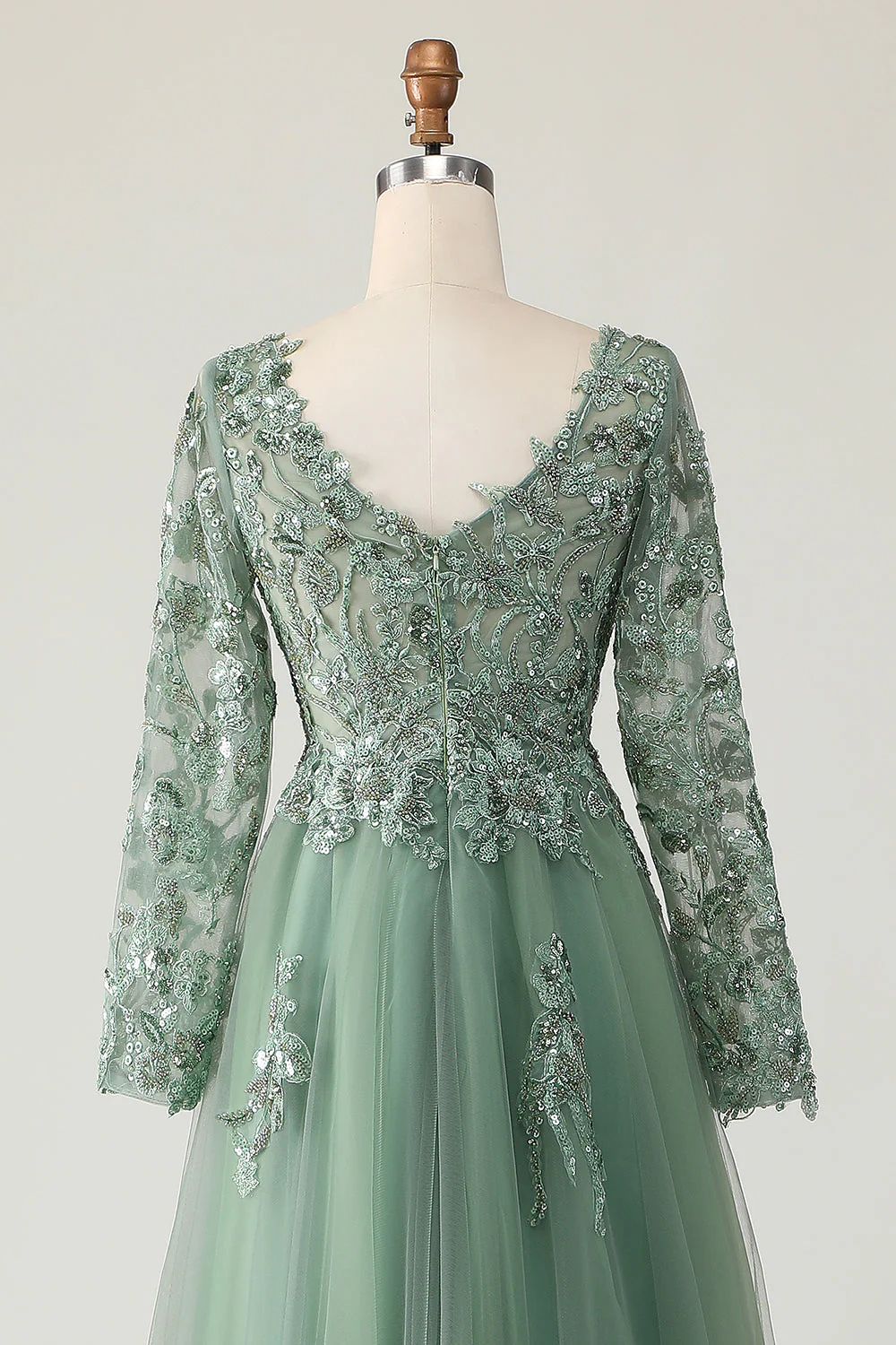 Sage A-Line Long Sleeves Prom Dress with Appliques - Image 5