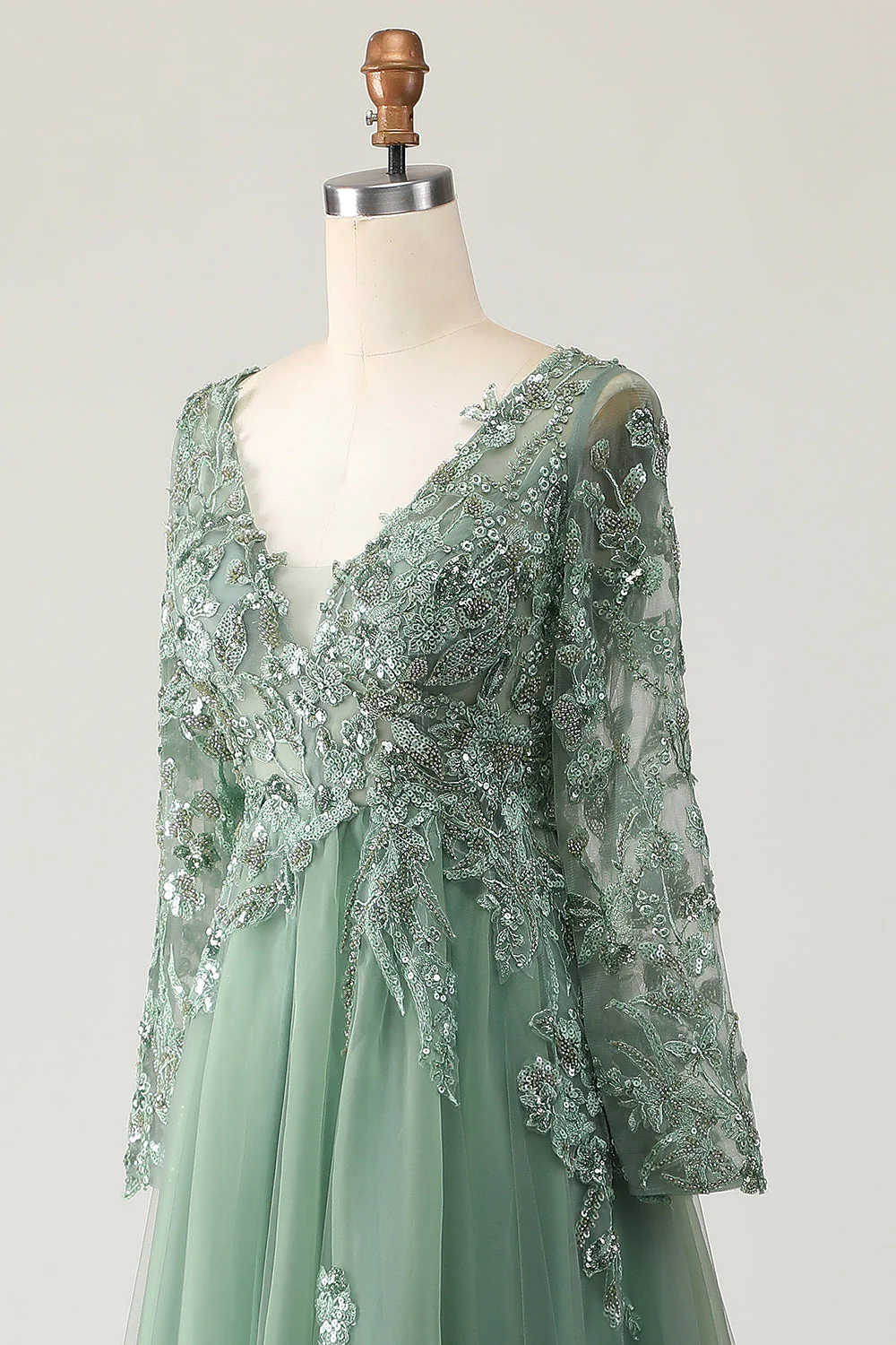 Sage A-Line Long Sleeves Prom Dress with Appliques - Image 6