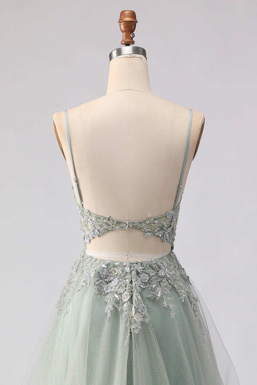 Sage Green A-Line Beaded Tulle Long Prom Dress with Embroidery - Image 6