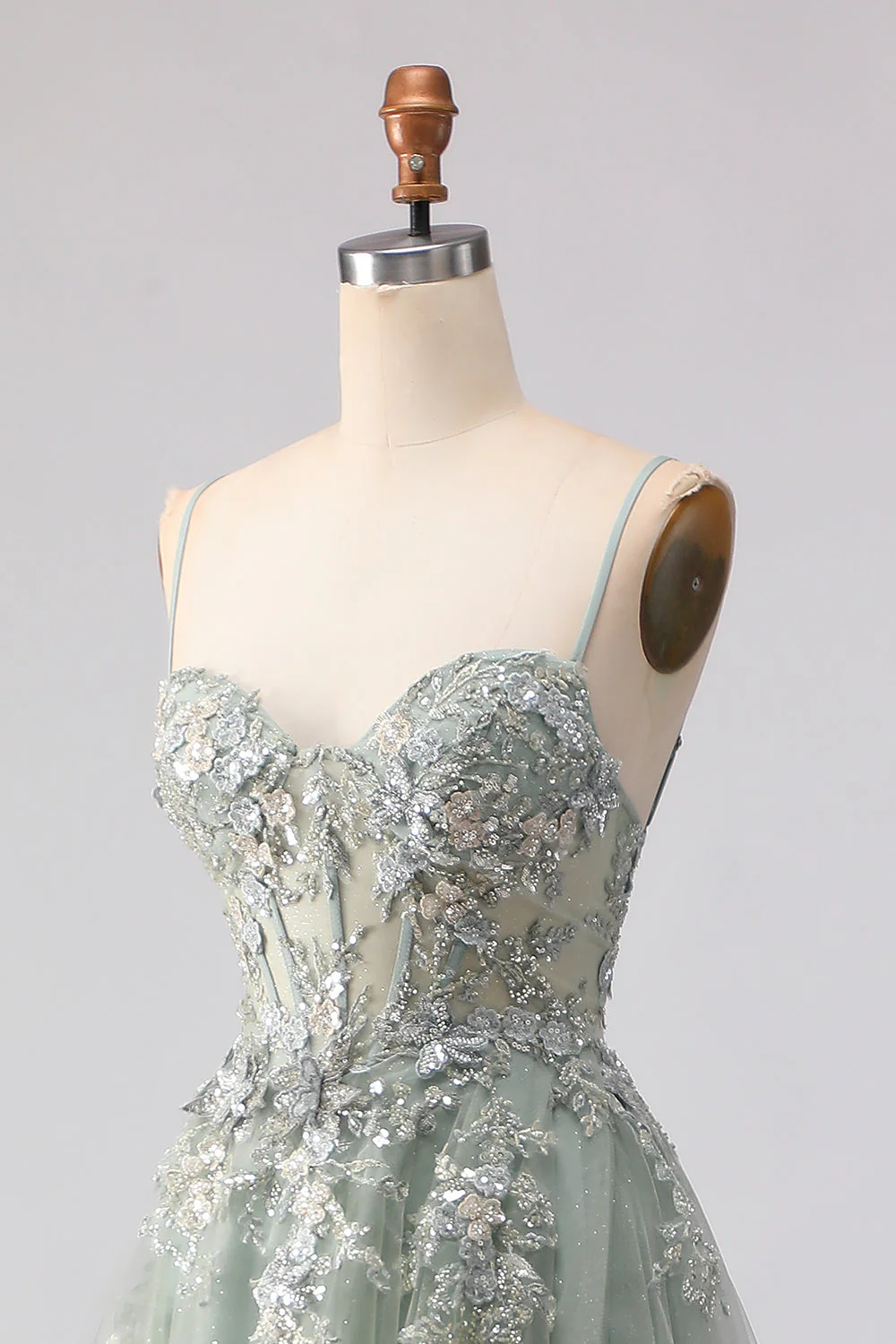 Sage Green A-Line Beaded Tulle Long Prom Dress with Embroidery - Image 7