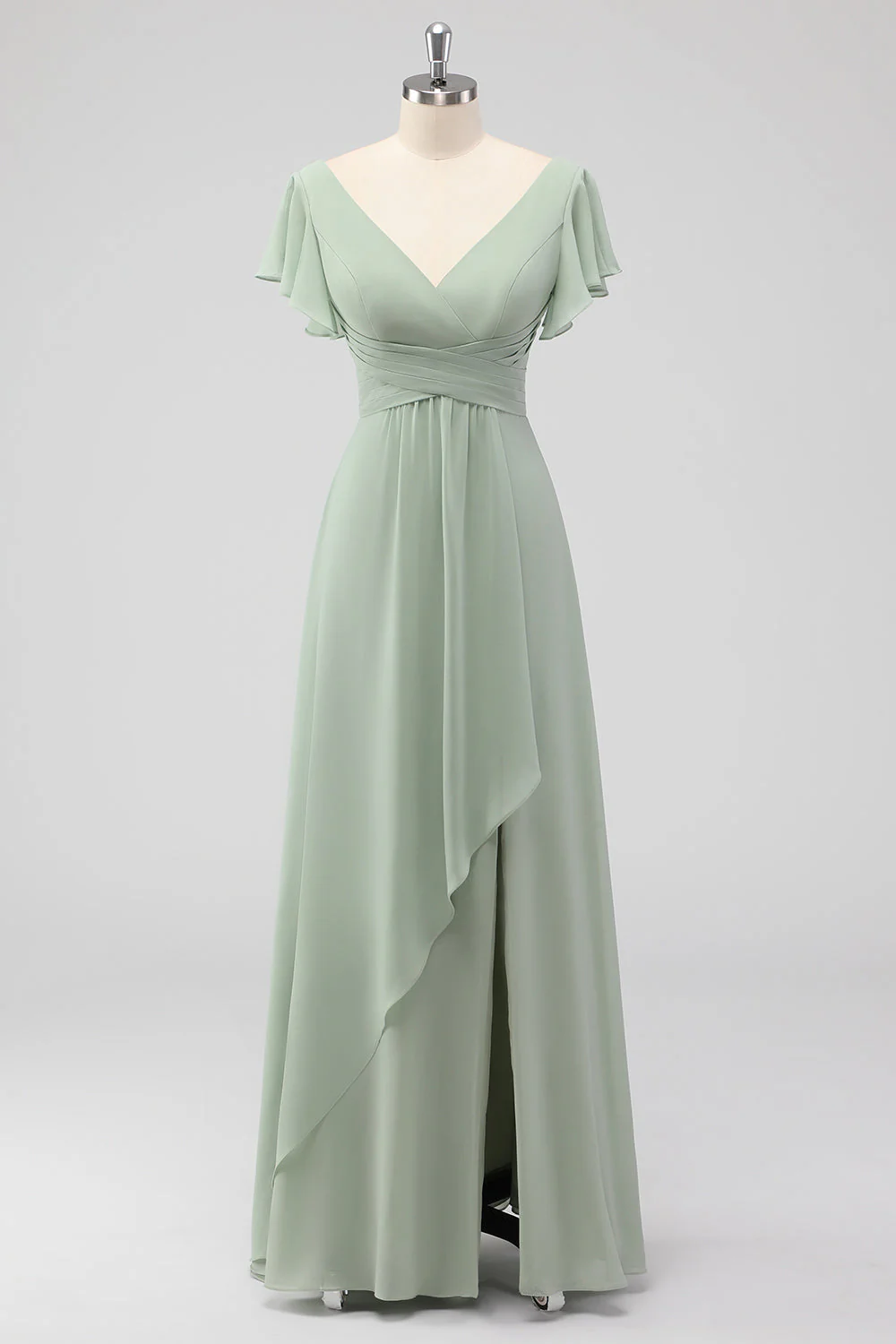 Sage Green A-Line Flutter Sleeves Long Chiffon Choir Dress with Slit - Image 2