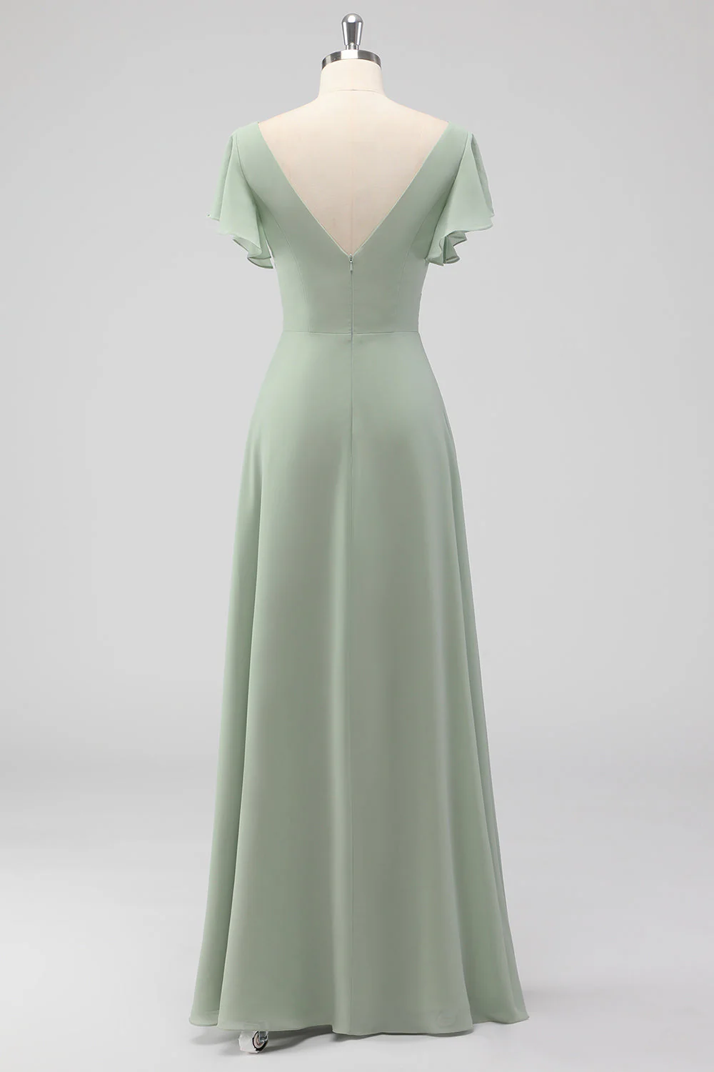 Sage Green A-Line Flutter Sleeves Long Chiffon Choir Dress with Slit - Image 3