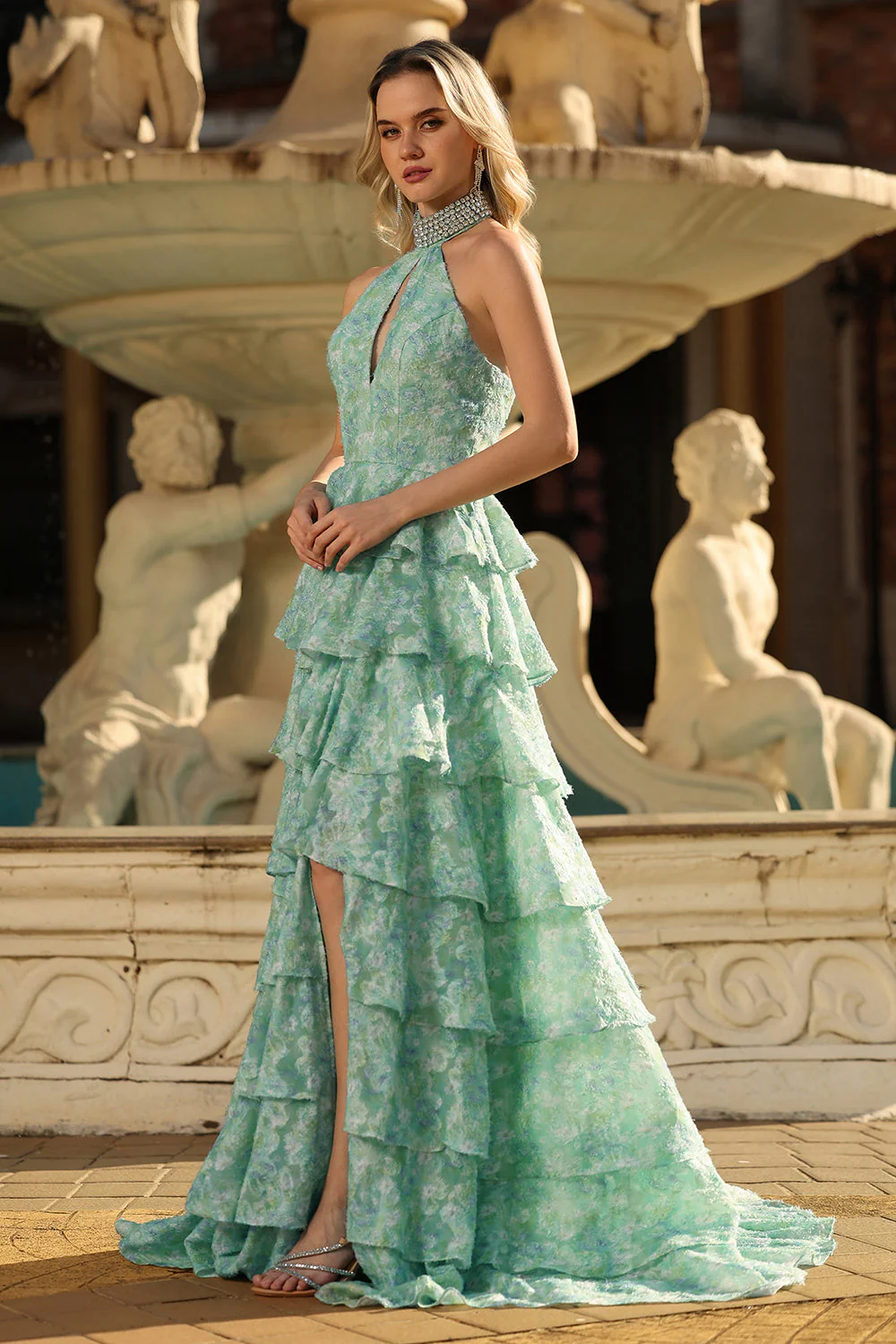 Sage Green A Line Halter Beaded Cut Out Tiered Ruffle Long Prom Dress with Slit - Image 4