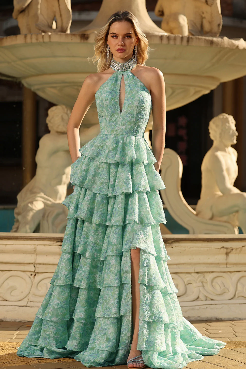 Sage Green A Line Halter Beaded Cut Out Tiered Ruffle Long Prom Dress with Slit - Image 5