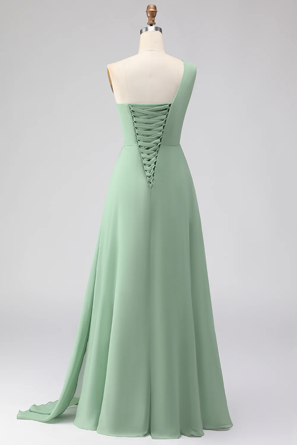 Sage Green A-Line One Shoulder Long Bridesmaid Dress with Slit - Image 2