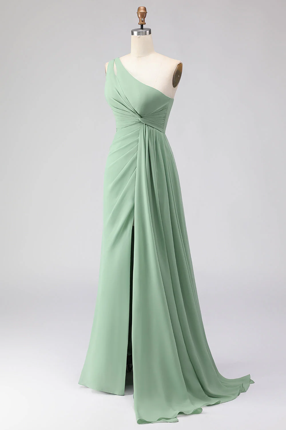 Sage Green A-Line One Shoulder Long Bridesmaid Dress with Slit - Image 3