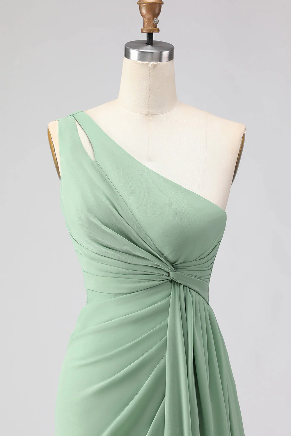 Sage Green A-Line One Shoulder Long Bridesmaid Dress with Slit - Image 4