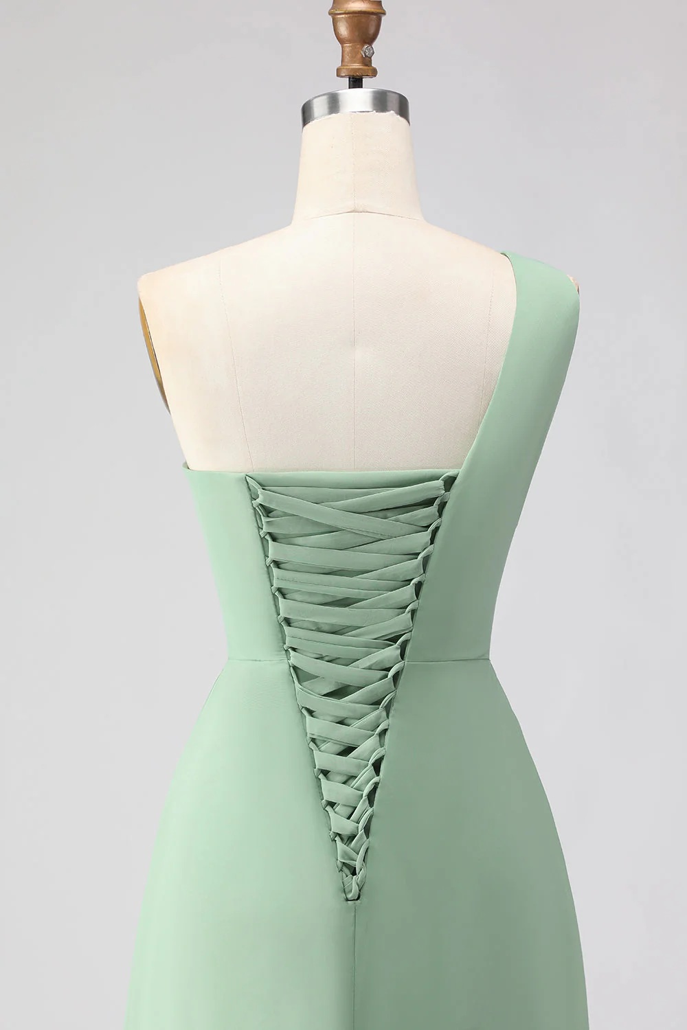 Sage Green A-Line One Shoulder Long Bridesmaid Dress with Slit - Image 5