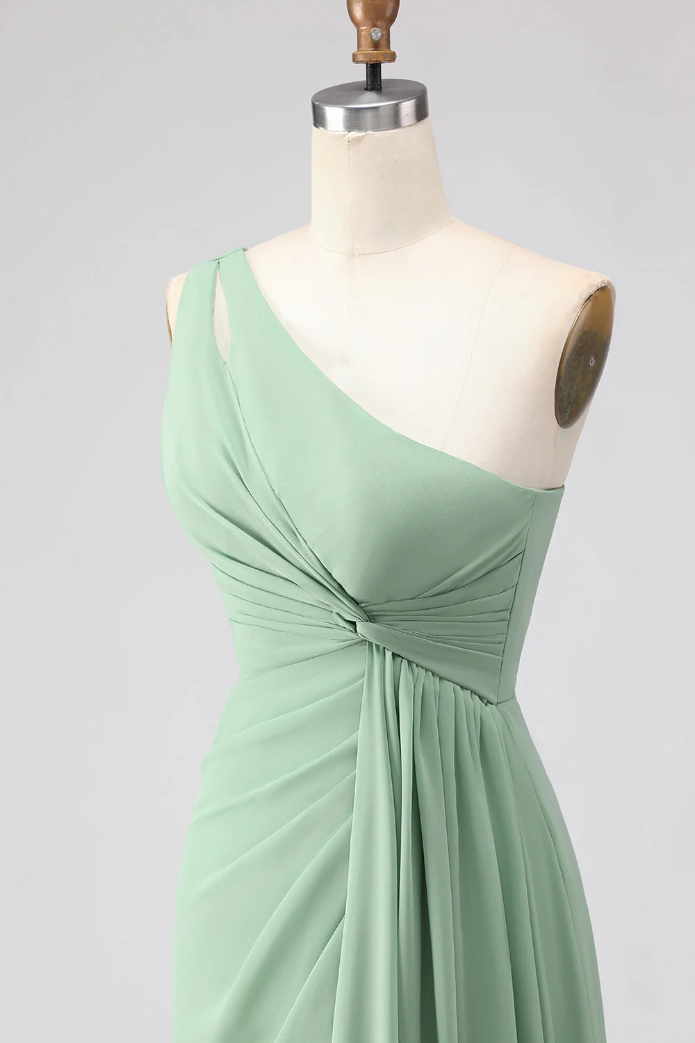 Sage Green A-Line One Shoulder Long Bridesmaid Dress with Slit - Image 6