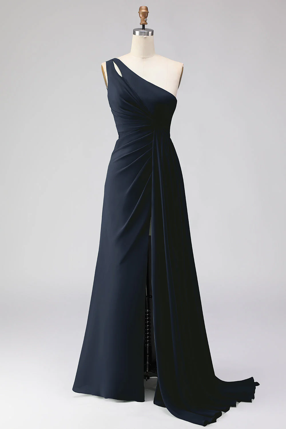 Sage Green A-Line One Shoulder Long Bridesmaid Dress with Slit - Image 7