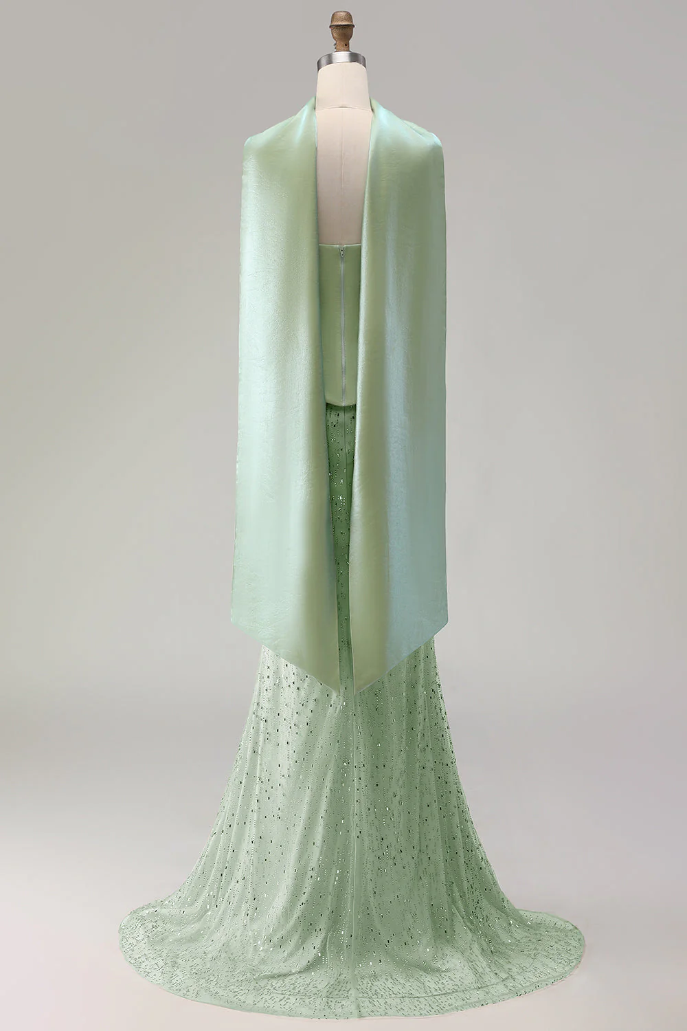 Sage Green Beaded Mermaid Strapless Satin Long Prom Dress with Cape - Image 2