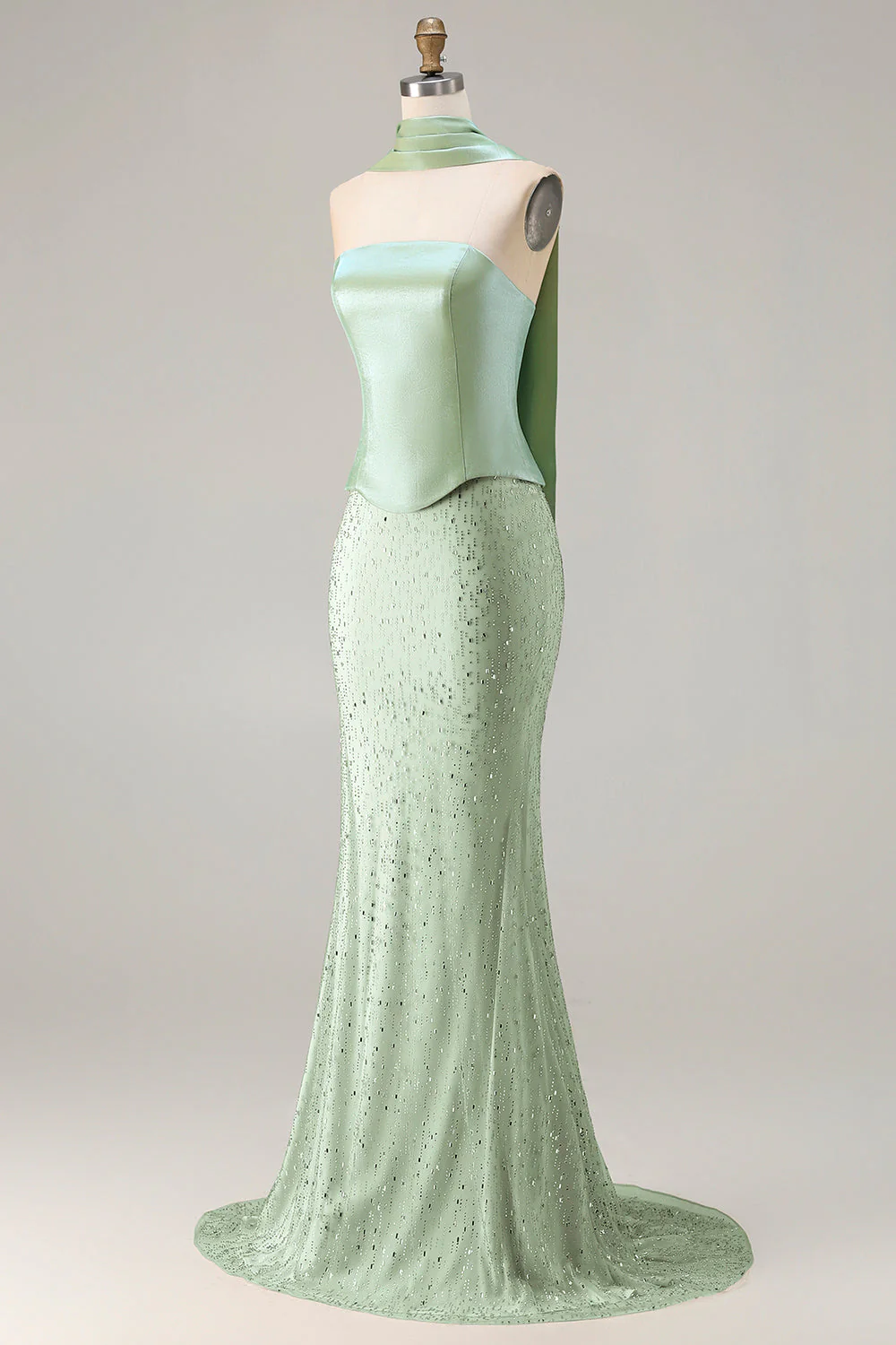 Sage Green Beaded Mermaid Strapless Satin Long Prom Dress with Cape - Image 3