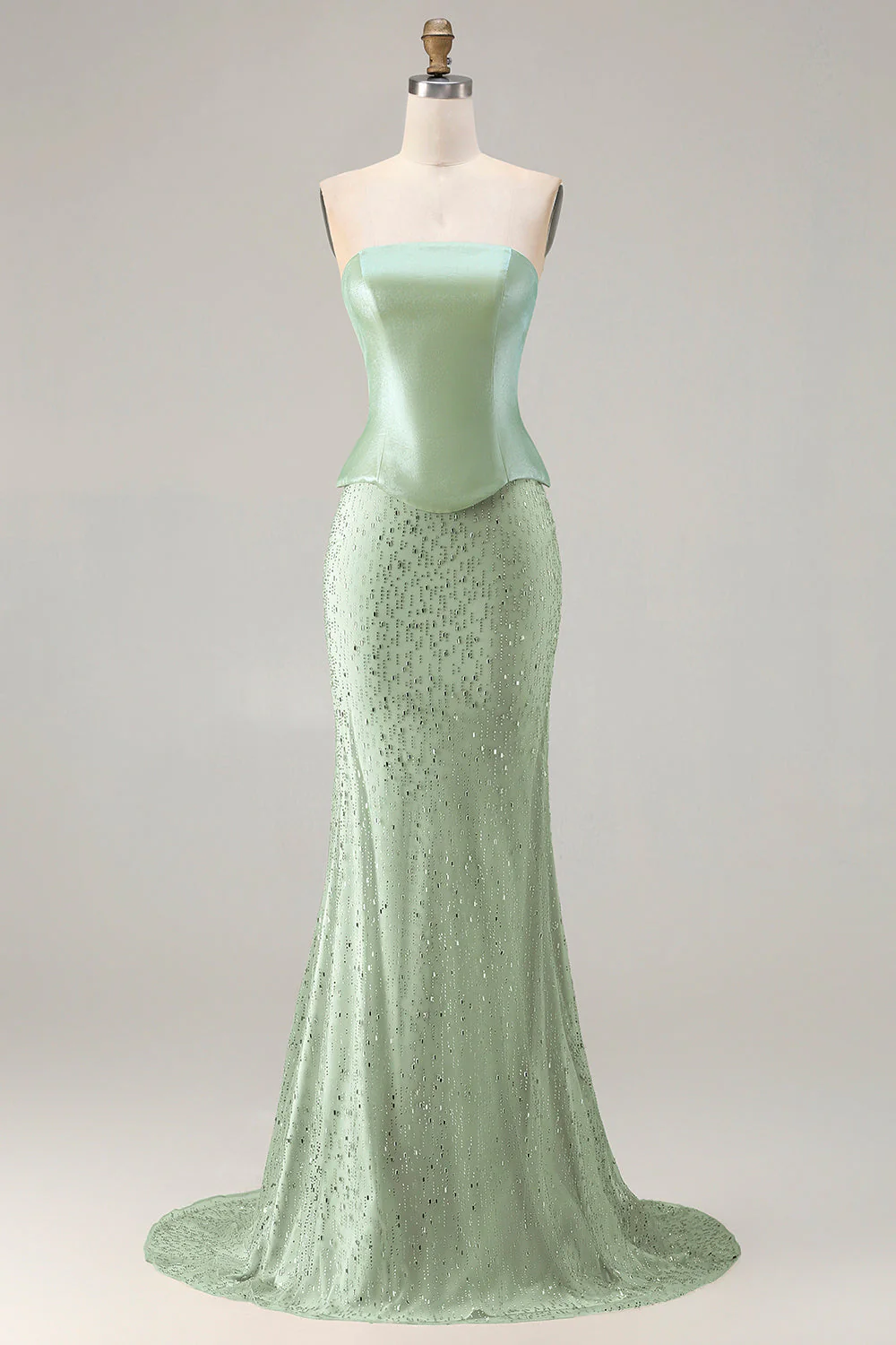 Sage Green Beaded Mermaid Strapless Satin Long Prom Dress with Cape - Image 4