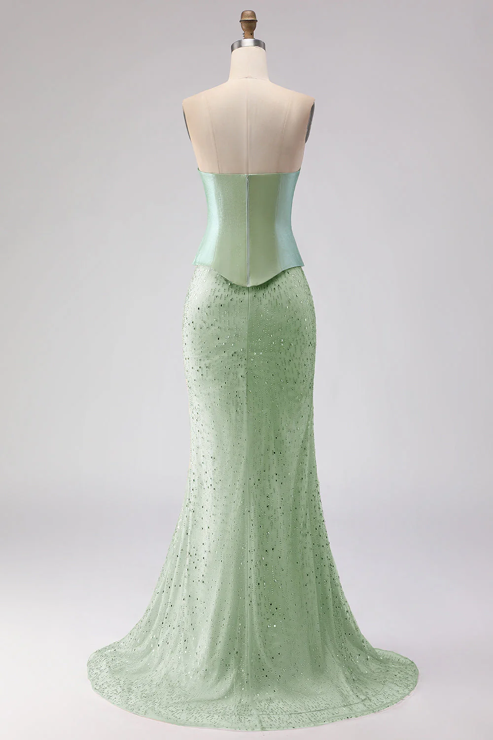 Sage Green Beaded Mermaid Strapless Satin Long Prom Dress with Cape - Image 5