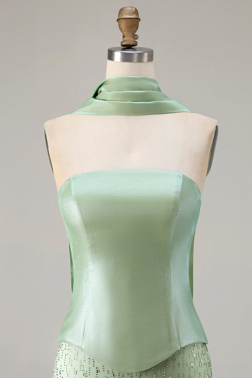 Sage Green Beaded Mermaid Strapless Satin Long Prom Dress with Cape - Image 6