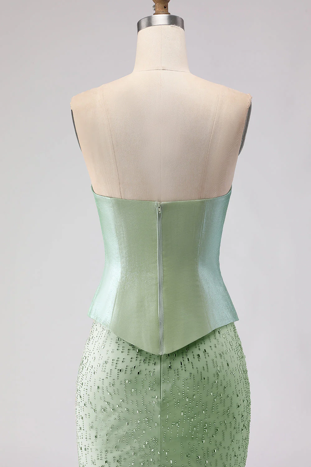Sage Green Beaded Mermaid Strapless Satin Long Prom Dress with Cape - Image 7