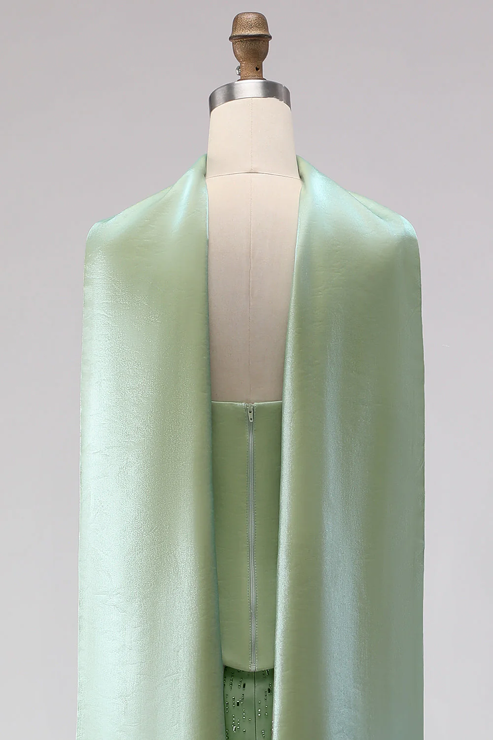 Sage Green Beaded Mermaid Strapless Satin Long Prom Dress with Cape - Image 8