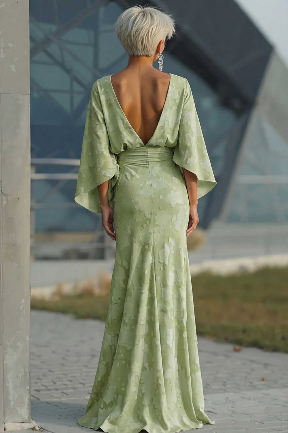 Sage Green Floral Sheath Flared Sleeves Mother of the Bride Dress with Pockets - Image 2