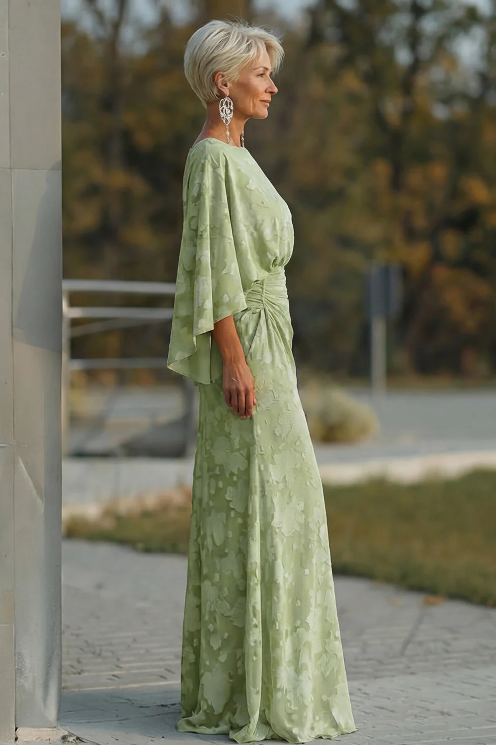 Sage Green Floral Sheath Flared Sleeves Mother of the Bride Dress with Pockets - Image 3