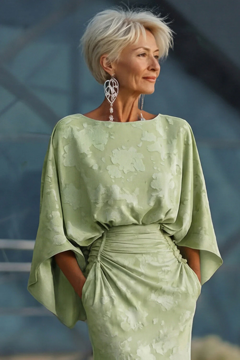 Sage Green Floral Sheath Flared Sleeves Mother of the Bride Dress with Pockets - Image 4