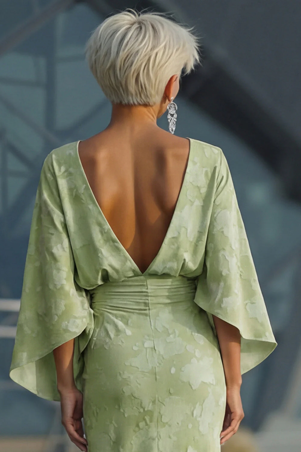 Sage Green Floral Sheath Flared Sleeves Mother of the Bride Dress with Pockets - Image 5