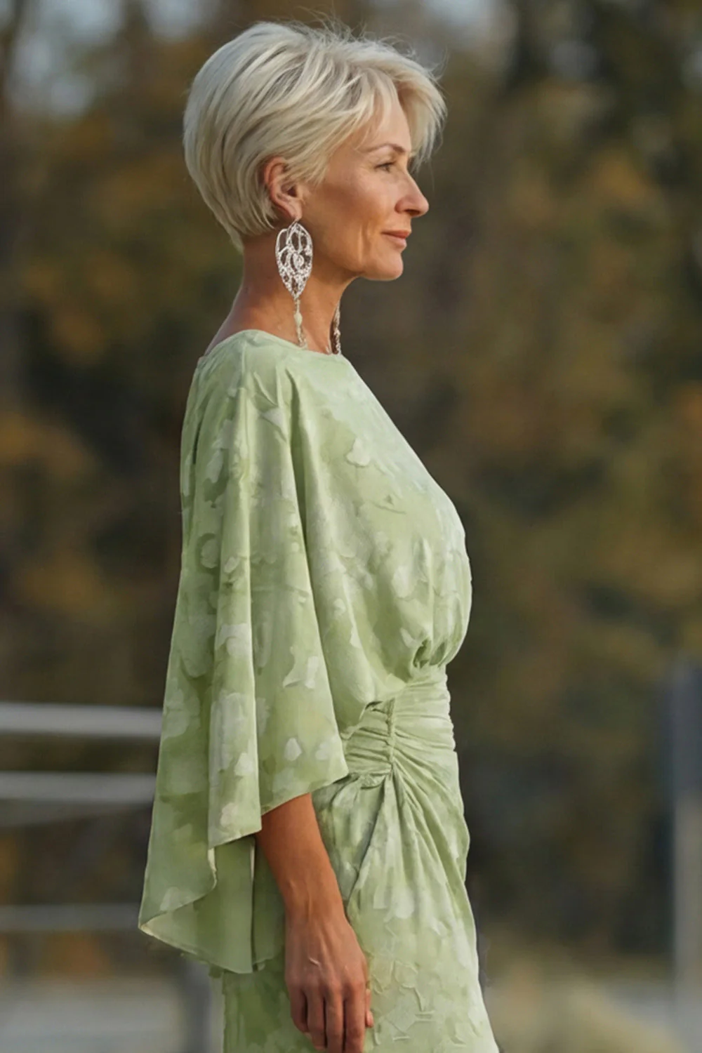 Sage Green Floral Sheath Flared Sleeves Mother of the Bride Dress with Pockets - Image 6