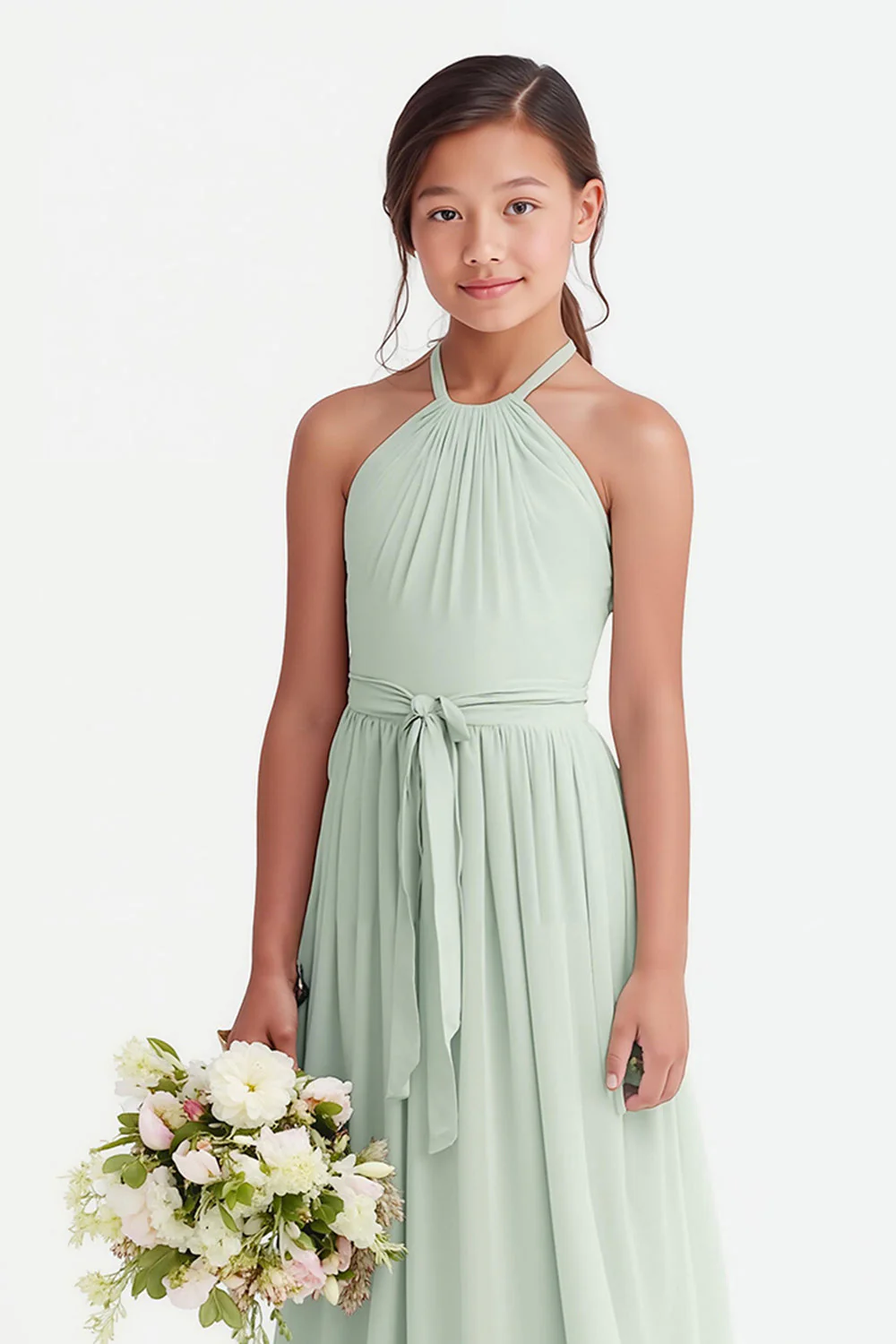 Sage Green Halter Chiffon A-Line Long Junior Bridesmaid Dress - Image 3