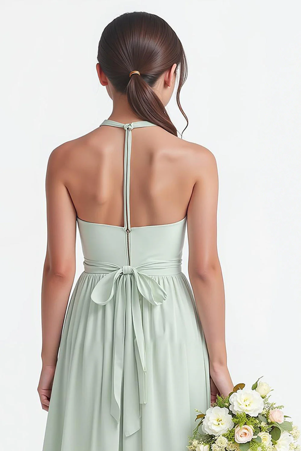 Sage Green Halter Chiffon A-Line Long Junior Bridesmaid Dress - Image 4