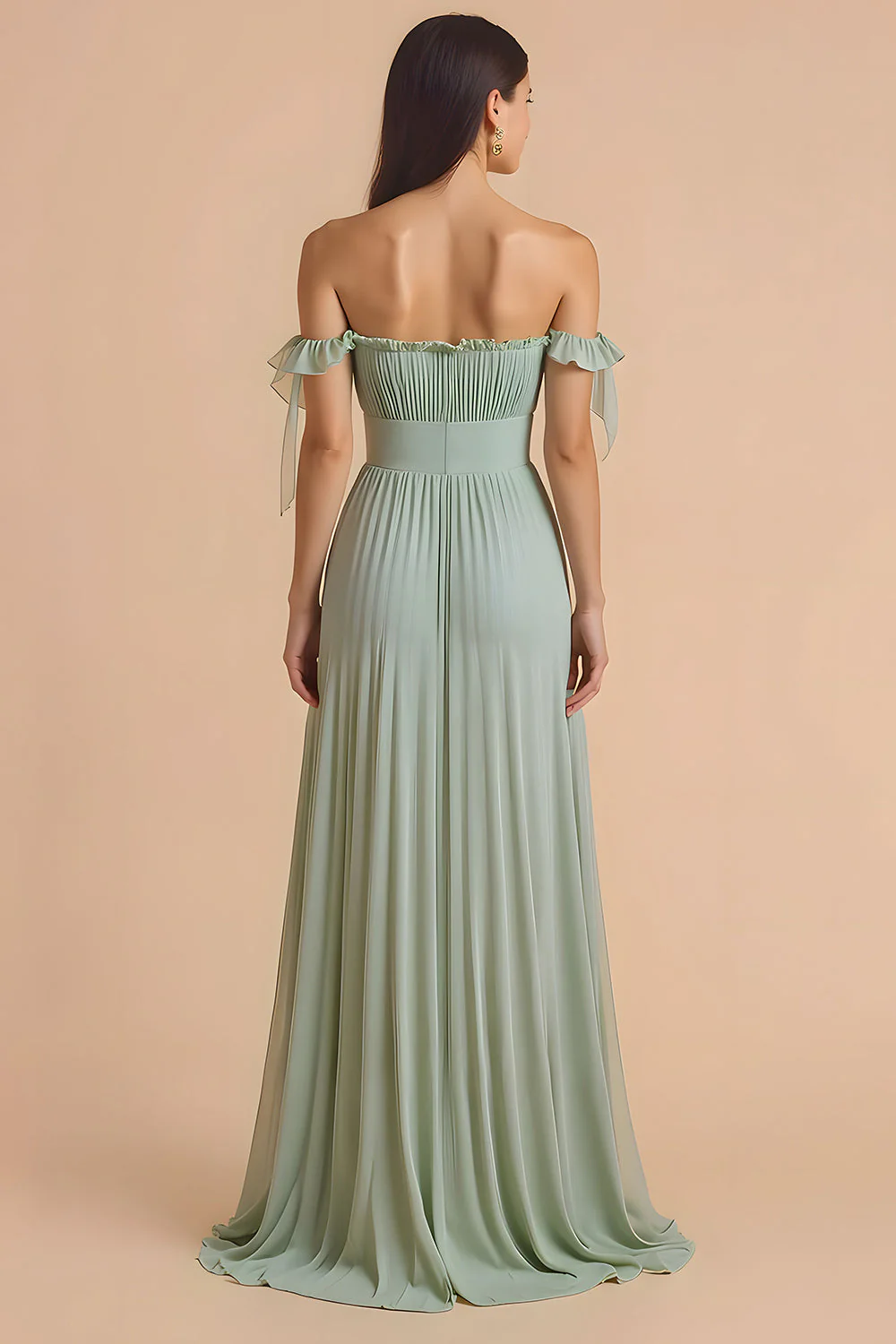 Sage Green Off the Shoulder Chiffon Pleated A-Line Long Bridesmaid Dress - Image 2