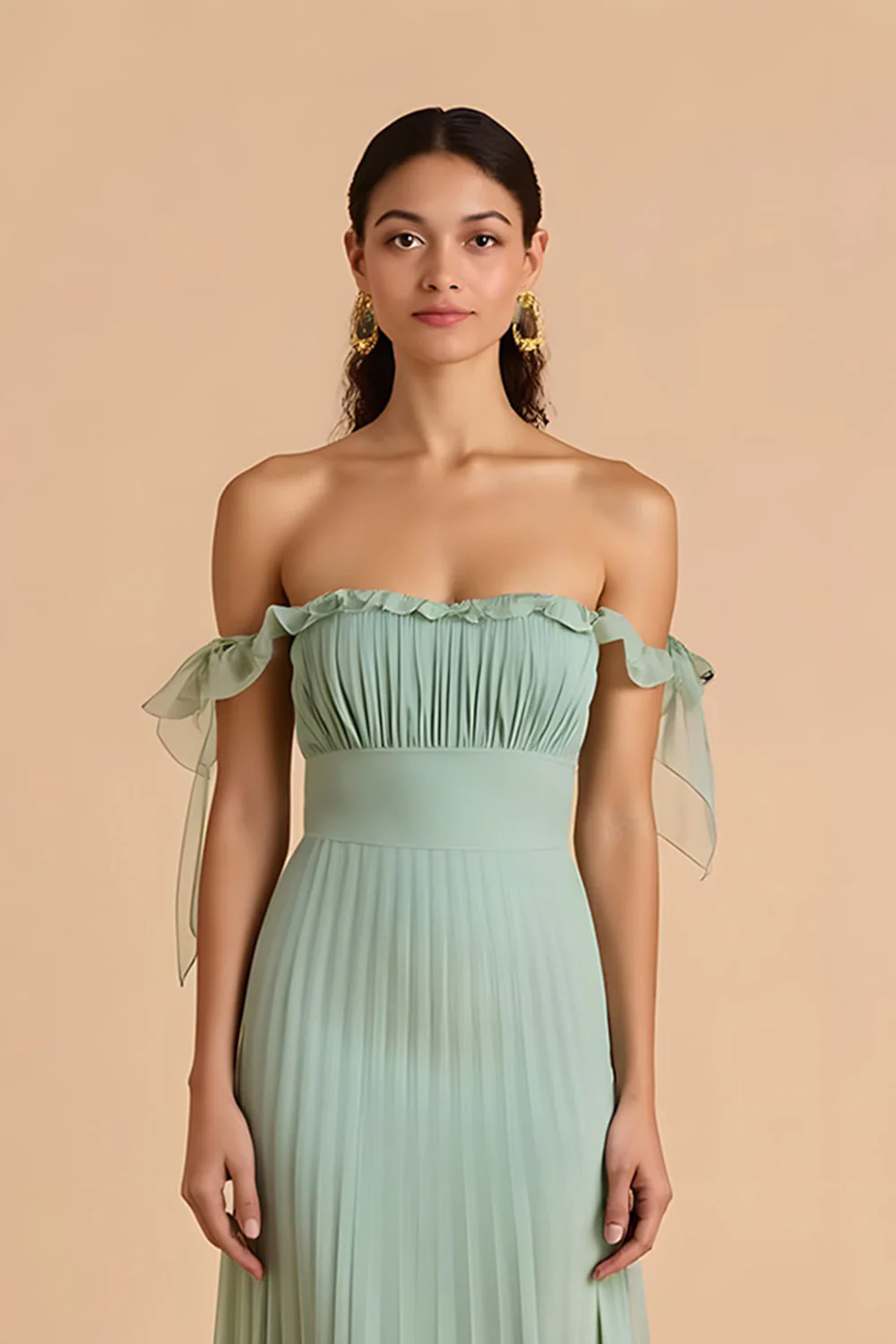 Sage Green Off the Shoulder Chiffon Pleated A-Line Long Bridesmaid Dress - Image 3