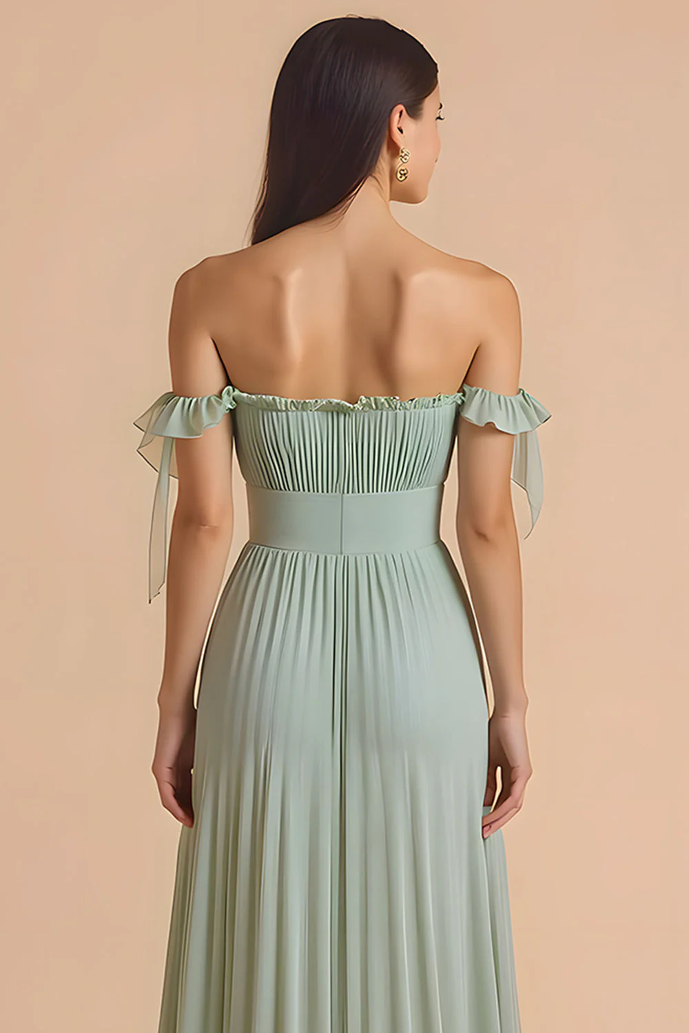 Sage Green Off the Shoulder Chiffon Pleated A-Line Long Bridesmaid Dress - Image 4