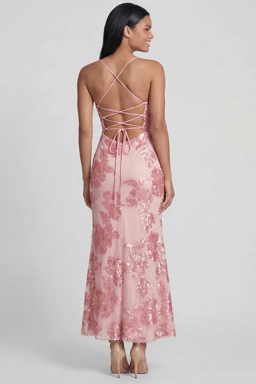 Sage Green Sheath Spaghetti Straps Embroidery Floral Dress with Lace Up Back - Image 11