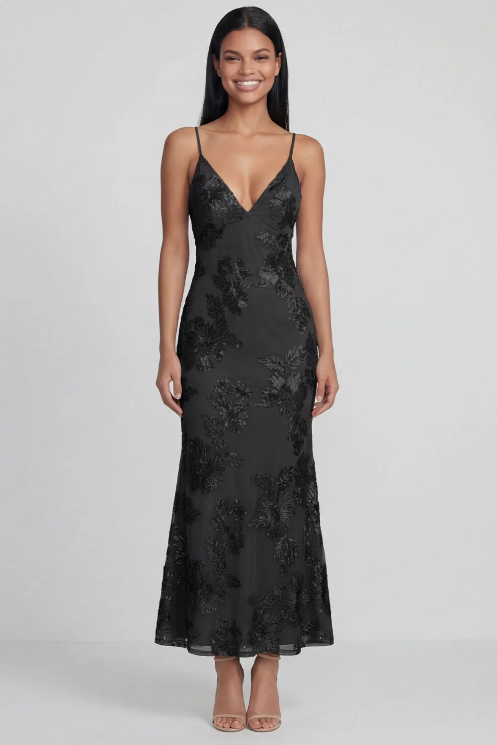 Sage Green Sheath Spaghetti Straps Embroidery Floral Dress with Lace Up Back - Image 12