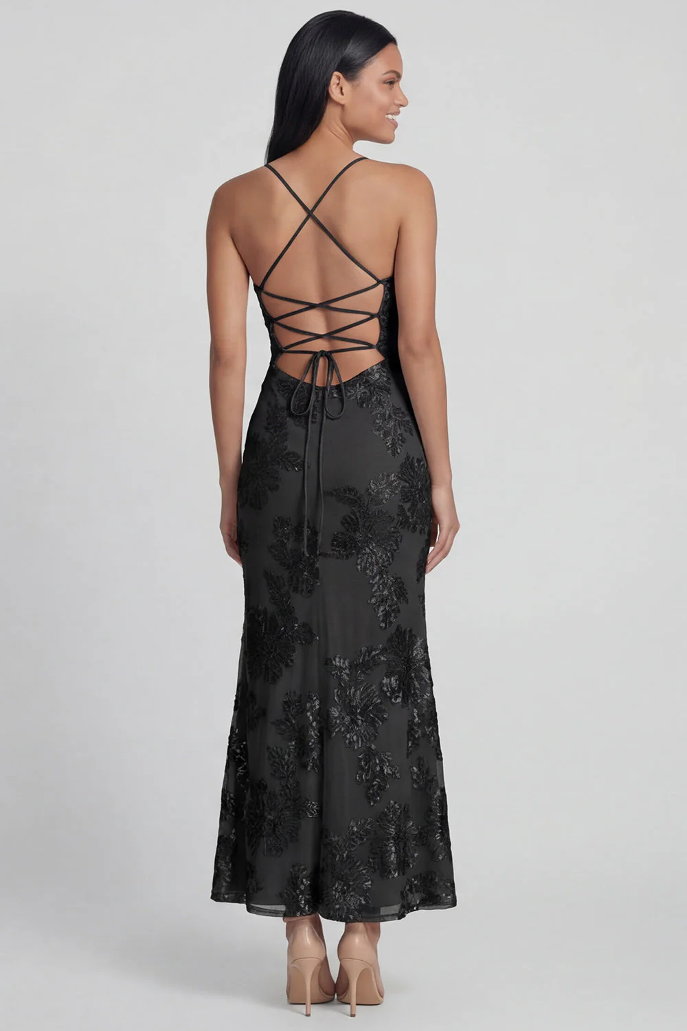 Sage Green Sheath Spaghetti Straps Embroidery Floral Dress with Lace Up Back - Image 13