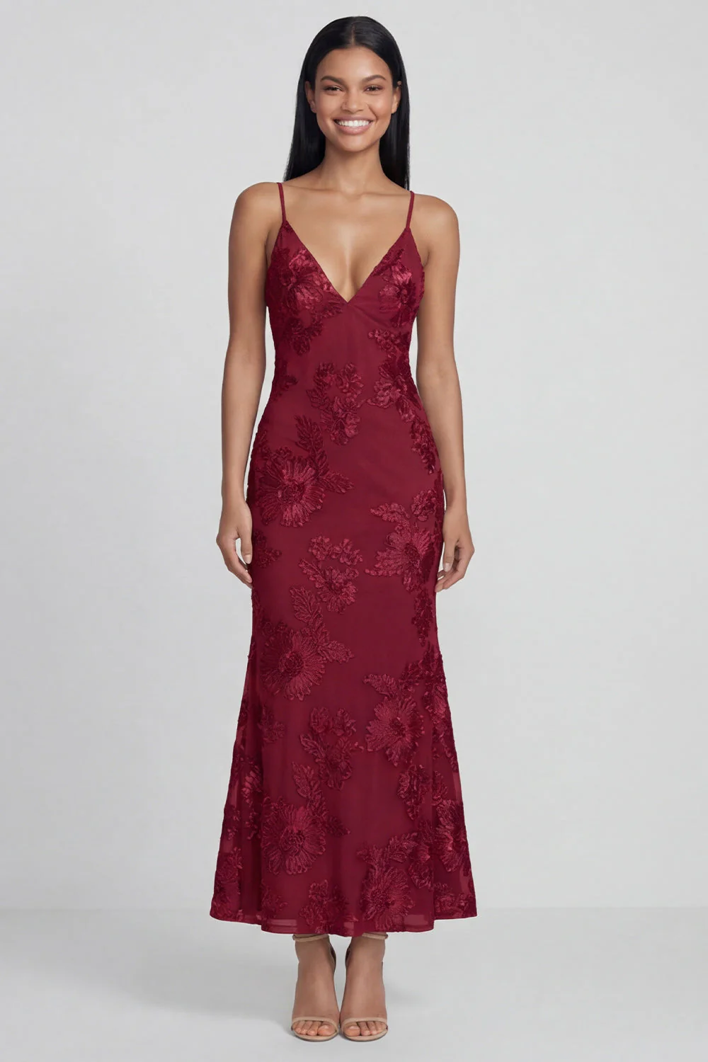 Sage Green Sheath Spaghetti Straps Embroidery Floral Dress with Lace Up Back - Image 14