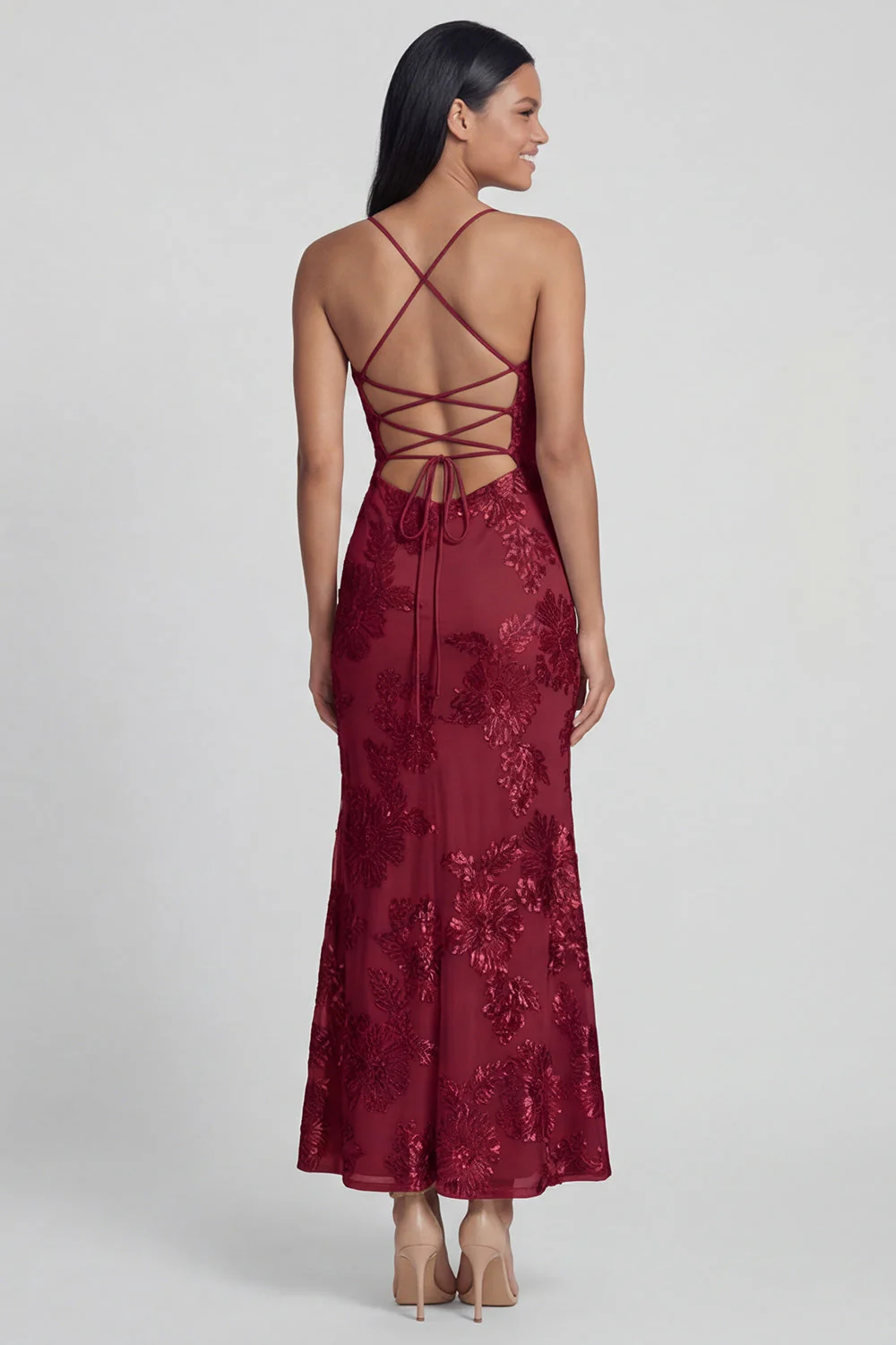 Sage Green Sheath Spaghetti Straps Embroidery Floral Dress with Lace Up Back - Image 15